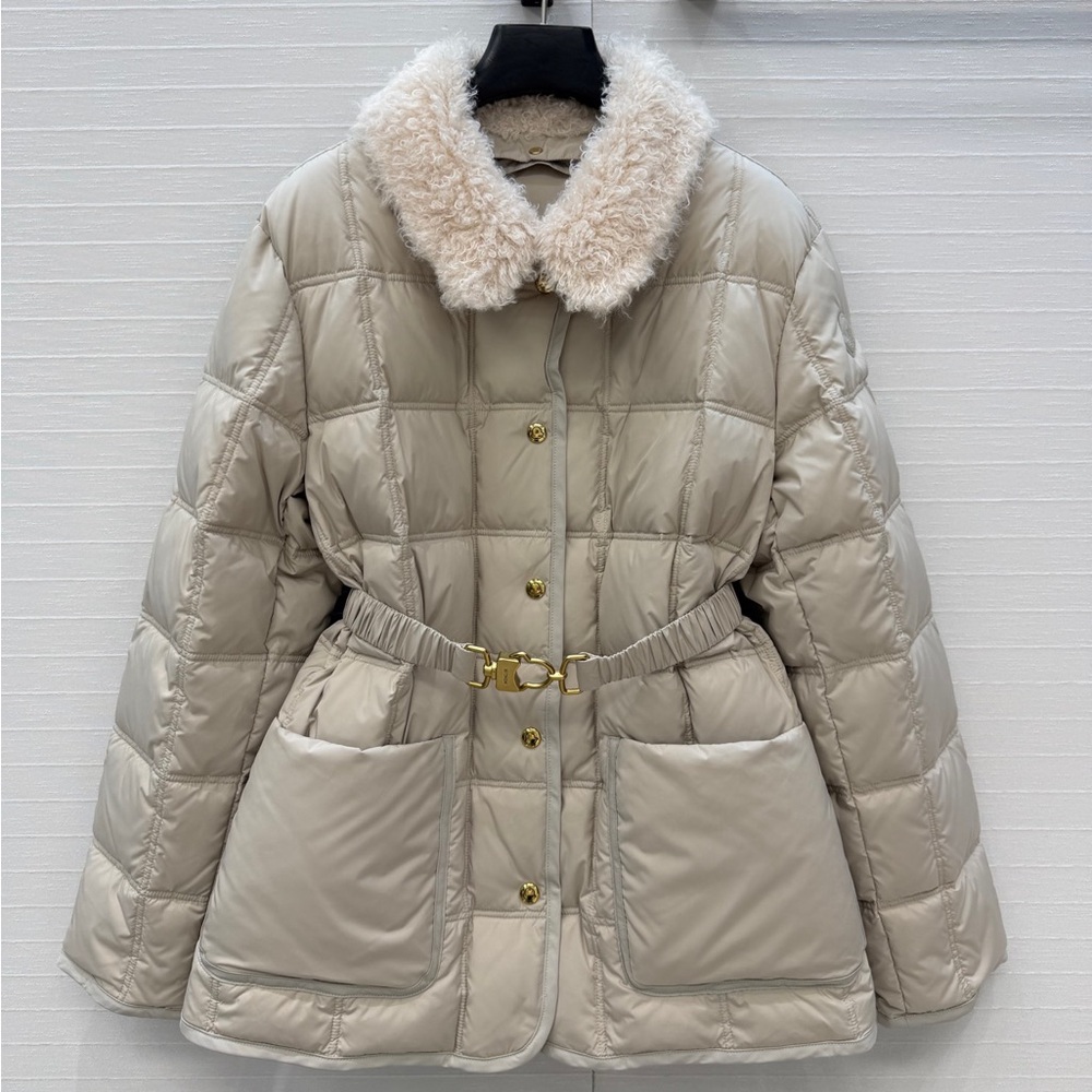 Moncler Cream Quilted Belted Puffer Jacket with Faux Shearling Collar